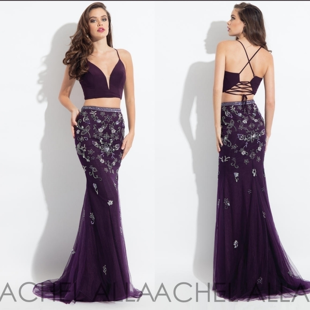 Rachel Allan 6042 Aubergine Mesh Floral Beaded Lace-up Two-Piece Mermaid Dress